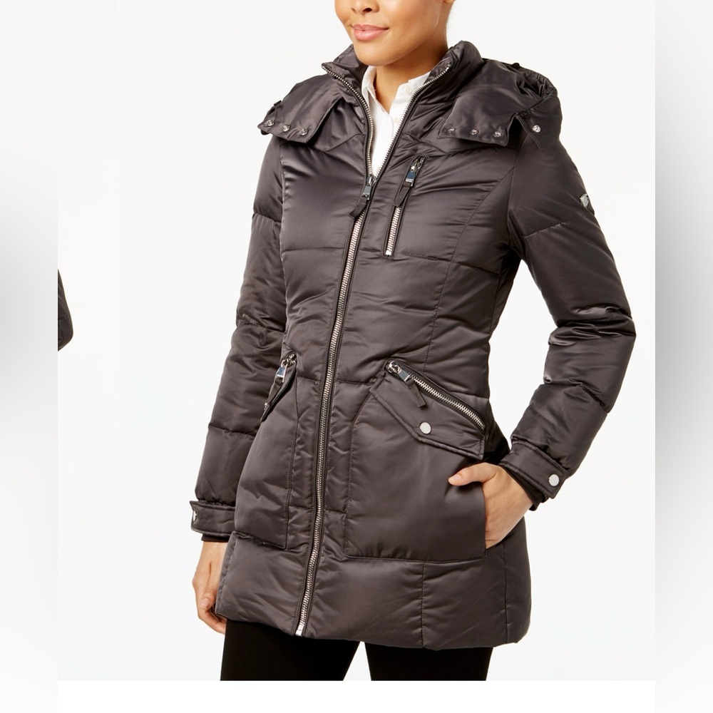 Madison Charcoal Puffer Coat with Faux Fur Trim - Picture 3 of 12
